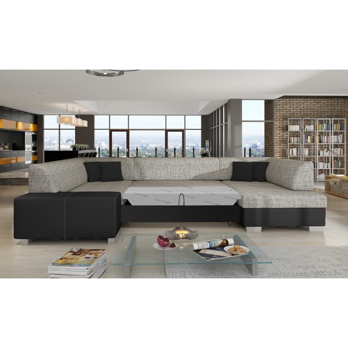 Canapé panoramique en U Gris & Noir convertible 6 places HAVANE avec coffre 