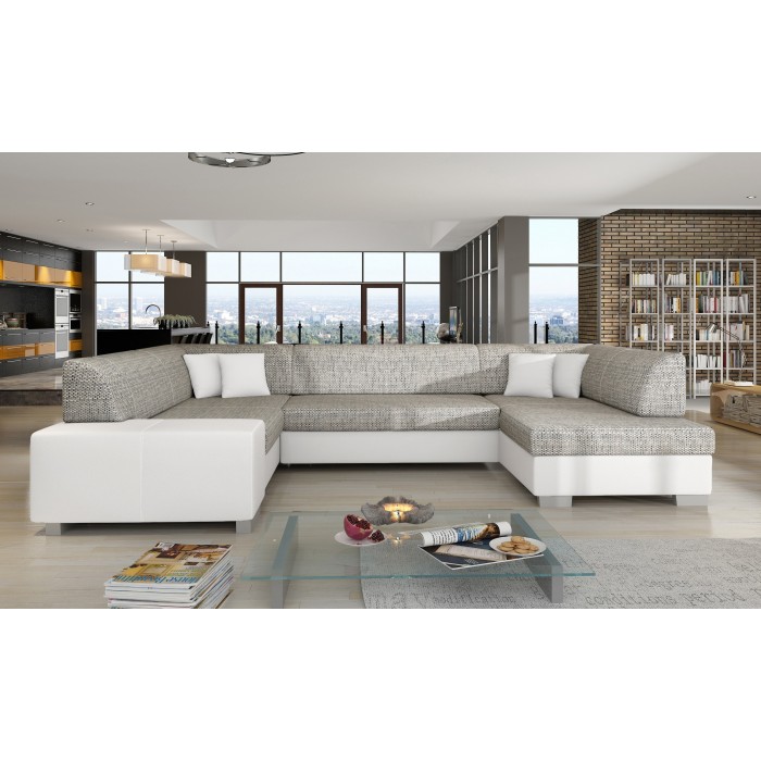 Canapé panoramique en U Gris & Blanc convertible 6 places HAVANE couchage 125x280cm 