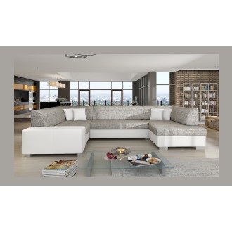 Canapé panoramique en U Gris & Blanc convertible 6 places HAVANE couchage 125x280cm 