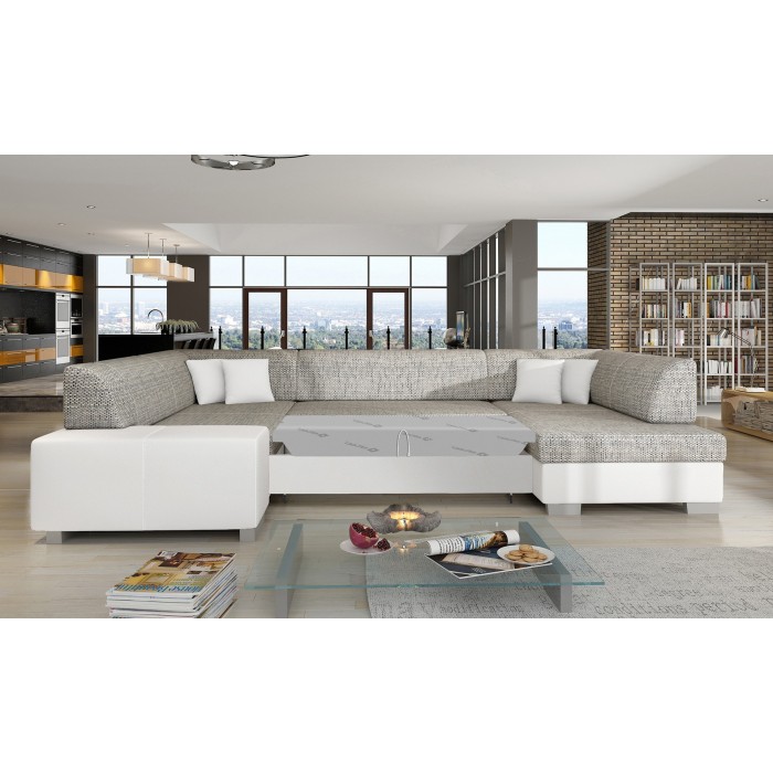Canapé panoramique en U Gris & Blanc convertible 6 places HAVANE couchage 125x280cm 