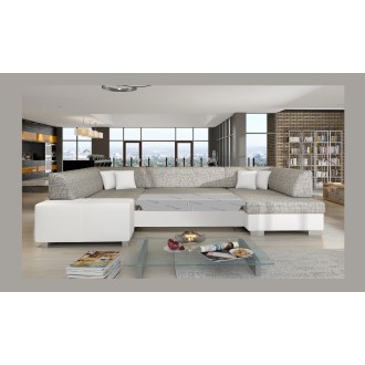 Canapé panoramique en U Gris & Blanc convertible 6 places HAVANE couchage 125x280cm 
