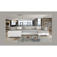 Canapé panoramique en U Gris & Blanc convertible 6 places HAVANE couchage 125x280cm 