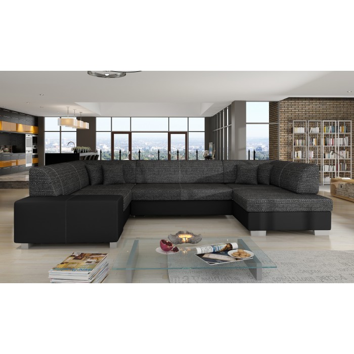 Canapé panoramique en U Gris foncé & Noir convertible 6 places HAVANE avec 4 coussins 
