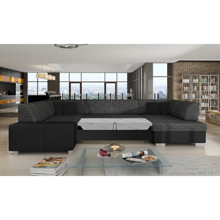 Canapé panoramique en U Gris foncé & Noir convertible 6 places HAVANE avec 4 coussins 