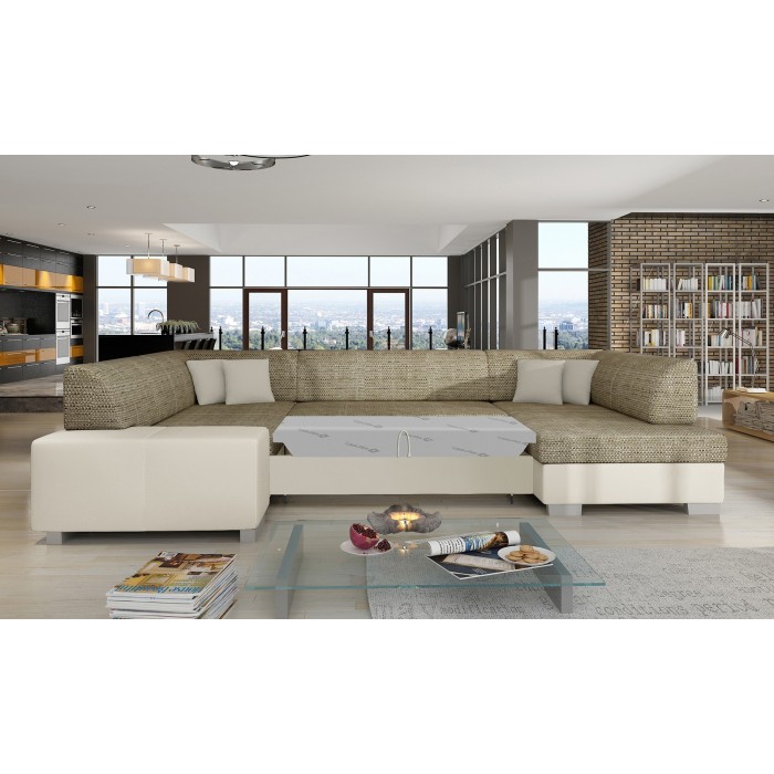 Canapé panoramique en U Beige convertible 6 places HAVANE mécanisme Dauphin 