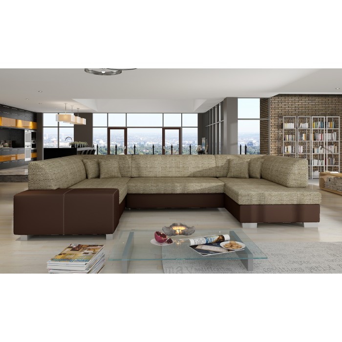 Canapé panoramique en U Beige et chocolat convertible 6 places HAVANE assise mousse T30 