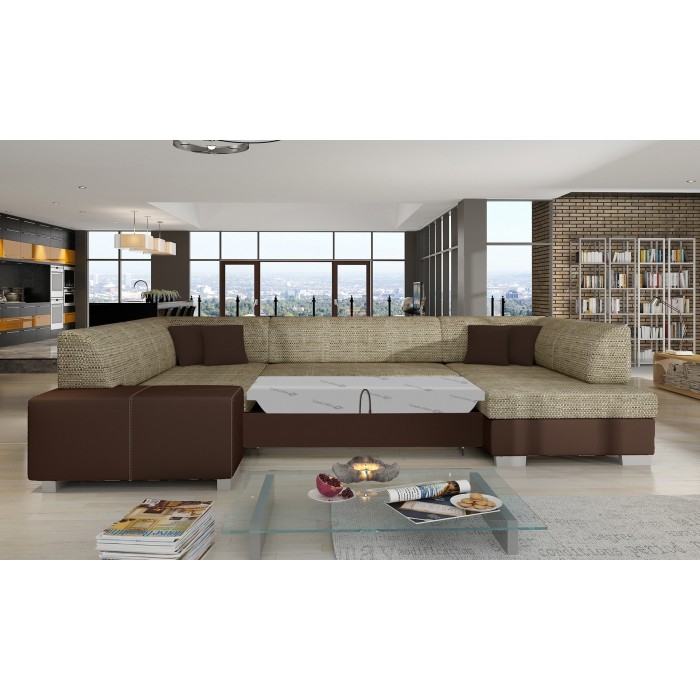 Canapé panoramique en U Beige et chocolat convertible 6 places HAVANE assise mousse T30 