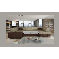 Canapé panoramique en U Beige et chocolat convertible 6 places HAVANE assise mousse T30 