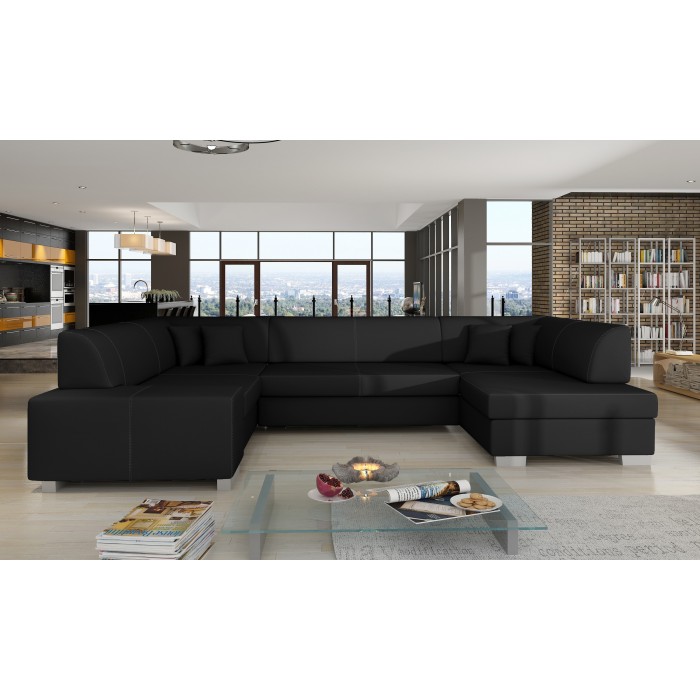 Canapé panoramique en U Noir convertible 6 places HAVANE grand format familial 