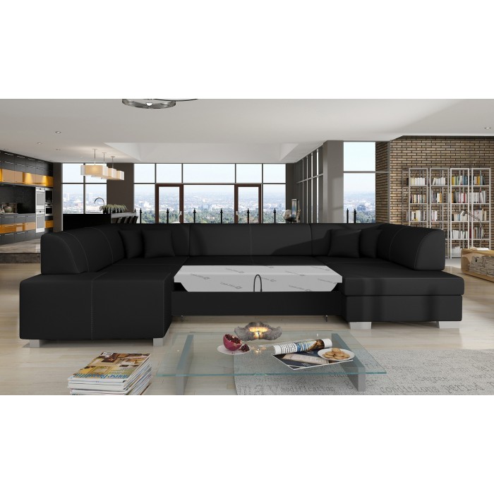 Canapé panoramique en U Noir convertible 6 places HAVANE grand format familial 