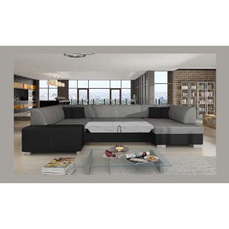 Canapé panoramique en U Gris foncé & Noir convertible 6 places HAVANE avec rangement intégré 