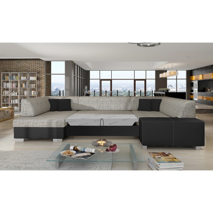 Canapé panoramique en U Gris & Noir convertible 6 places HAVANE pour grand salon 