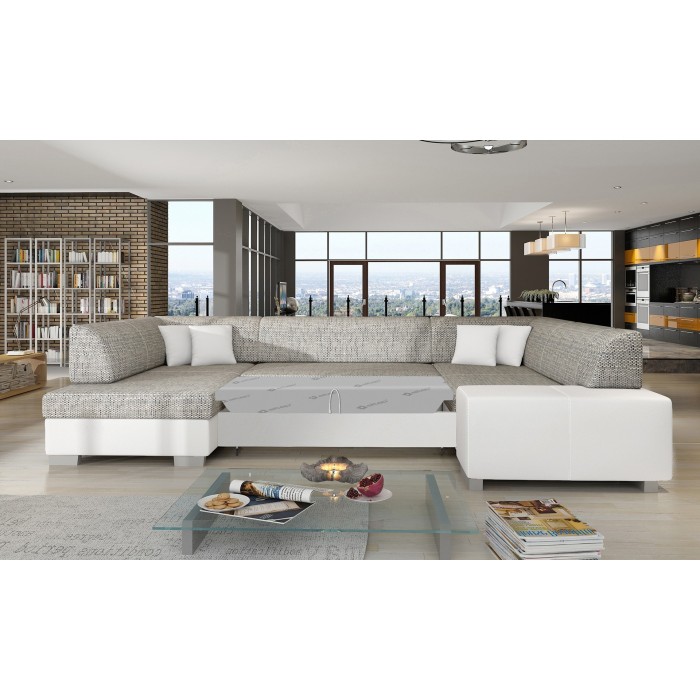 Canapé panoramique en U Gris & Blanc convertible 6 places HAVANE avec coffre à literie 