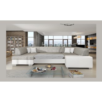 Canapé panoramique en U Gris & Blanc convertible 6 places HAVANE avec coffre à literie 