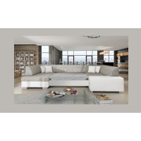 Canapé panoramique en U Gris & Blanc convertible 6 places HAVANE avec coffre à literie 