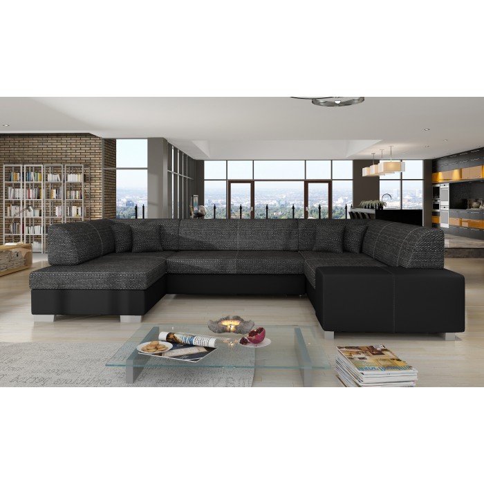 Canapé panoramique en U Gris foncé & Noir convertible 6 places HAVANE design géométrique 
