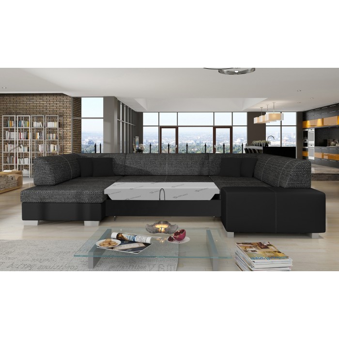 Canapé panoramique en U Gris foncé & Noir convertible 6 places HAVANE design géométrique 