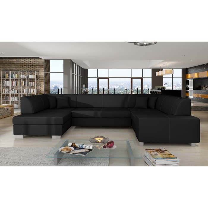 Canapé panoramique en U Noir convertible 6 places HAVANE confort moelleux 