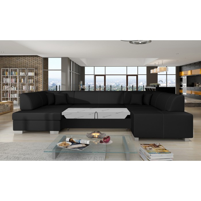 Canapé panoramique en U Noir convertible 6 places HAVANE confort moelleux 