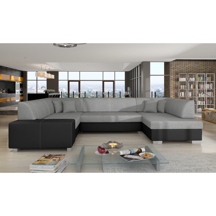 Canapé panoramique en U Gris & Noir convertible 6 places HAVANE assise mousse T30 