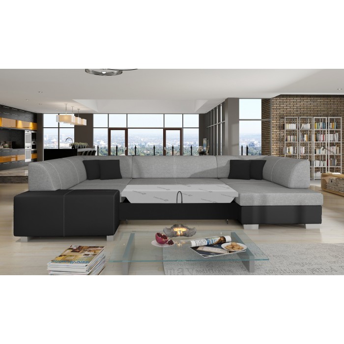 Canapé panoramique en U Gris & Noir convertible 6 places HAVANE assise mousse T30 