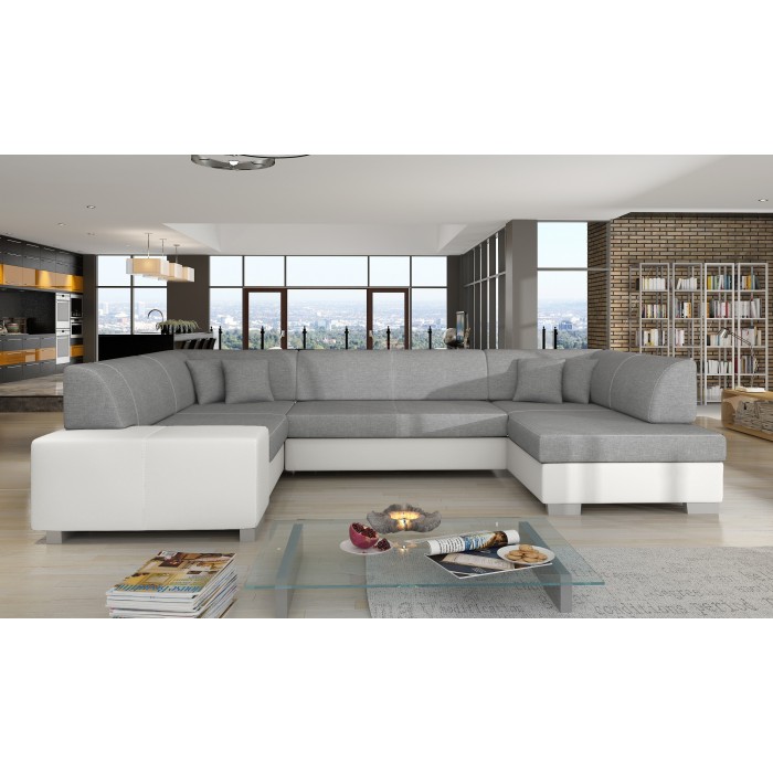 Canapé panoramique en U Gris & Blanc convertible 6 places HAVANE grand format familial 