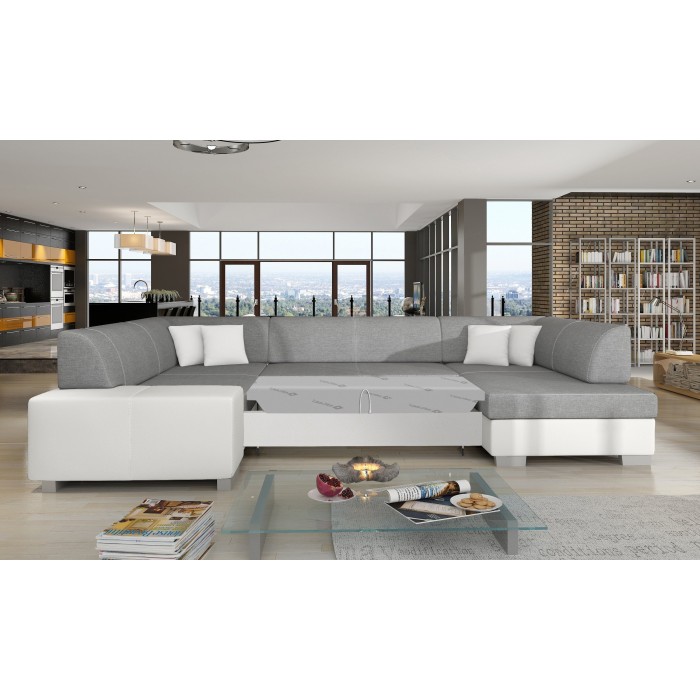 Canapé panoramique en U Gris & Blanc convertible 6 places HAVANE grand format familial 
