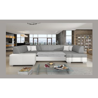 Canapé panoramique en U Gris & Blanc convertible 6 places HAVANE grand format familial 