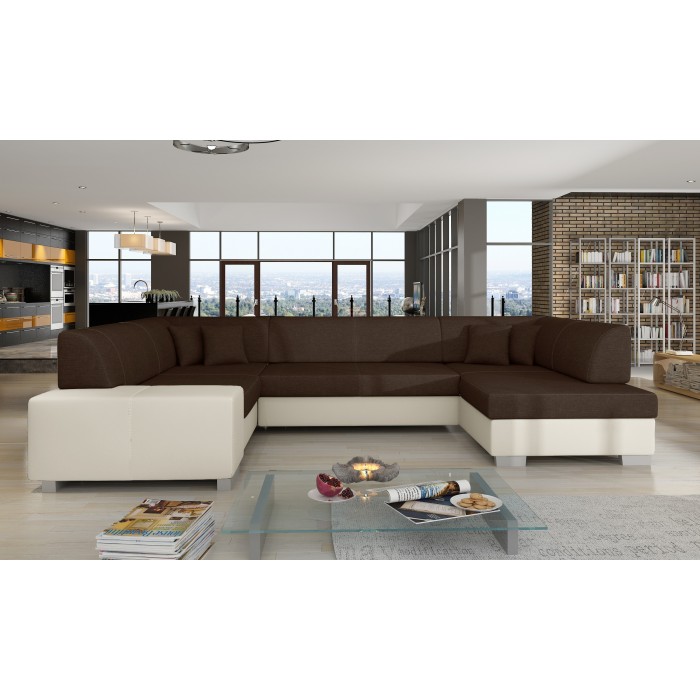 Canapé panoramique en U Marron & Blanc convertible 6 places HAVANE avec rangement intégré 