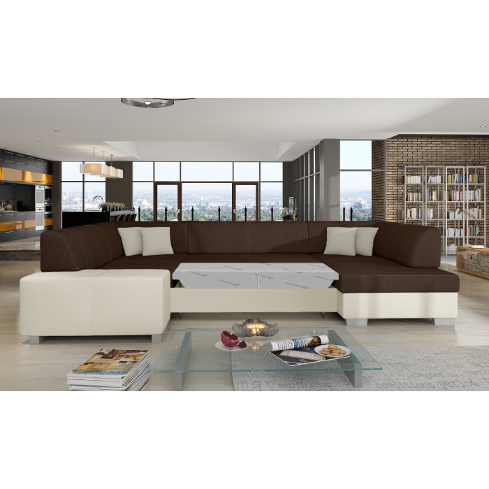 Canapé panoramique en U Marron & Blanc convertible 6 places HAVANE avec rangement intégré 