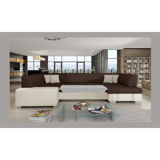 Canapé panoramique en U Marron & Blanc convertible 6 places HAVANE avec rangement intégré 