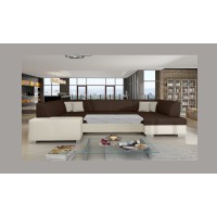 Canapé panoramique en U Marron & Blanc convertible 6 places HAVANE avec rangement intégré 