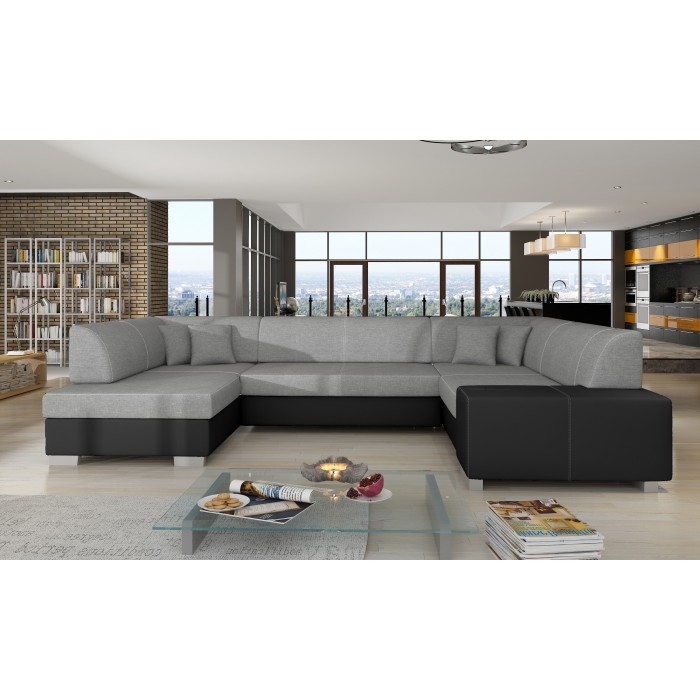 Canapé panoramique en U Gris & Noir convertible 6 places HAVANE avec couchage spacieux 