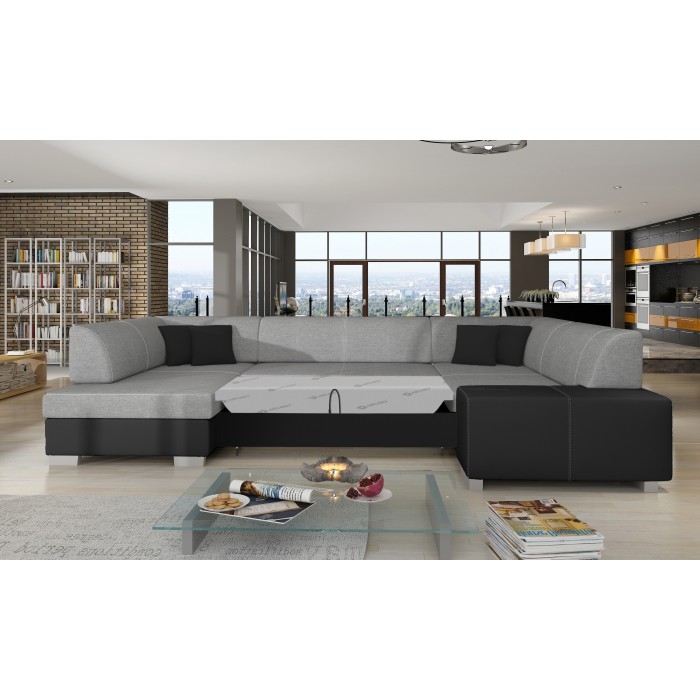 Canapé panoramique en U Gris & Noir convertible 6 places HAVANE avec couchage spacieux 