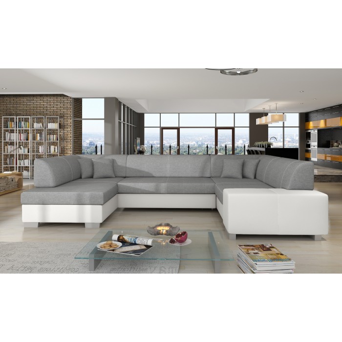 Canapé panoramique en U Gris & Blanc convertible 6 places HAVANE ressorts ondulés 