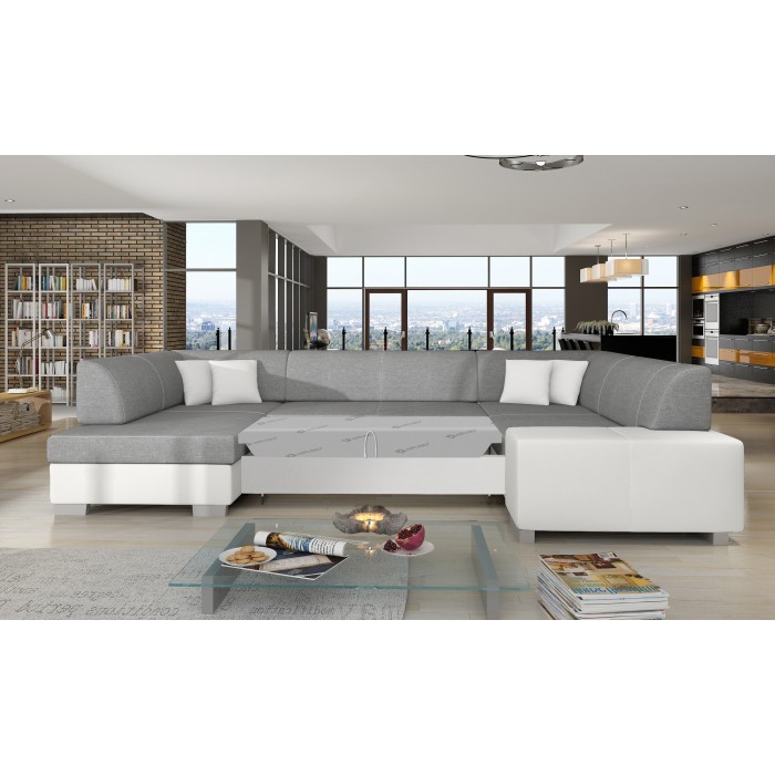 Canapé panoramique en U Gris & Blanc convertible 6 places HAVANE ressorts ondulés 
