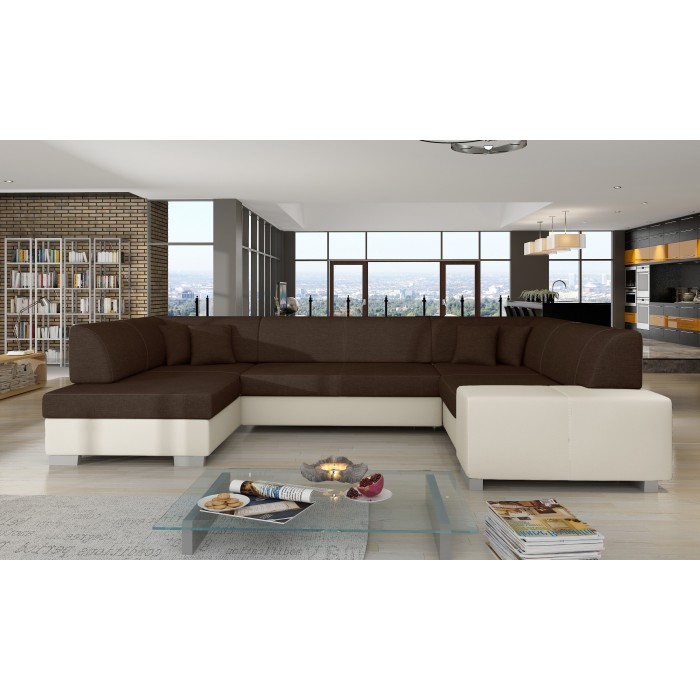 Canapé panoramique en U Marron & Blanc convertible 6 places HAVANE pour grand salon 