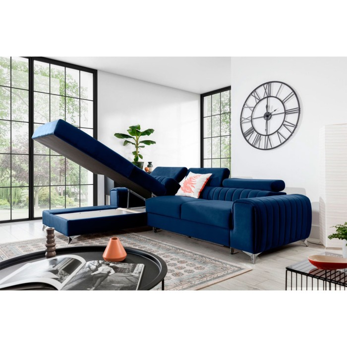 Canapé d’angle gauche Bleu foncé convertible 3 places JAYSON couchage d’appoint 