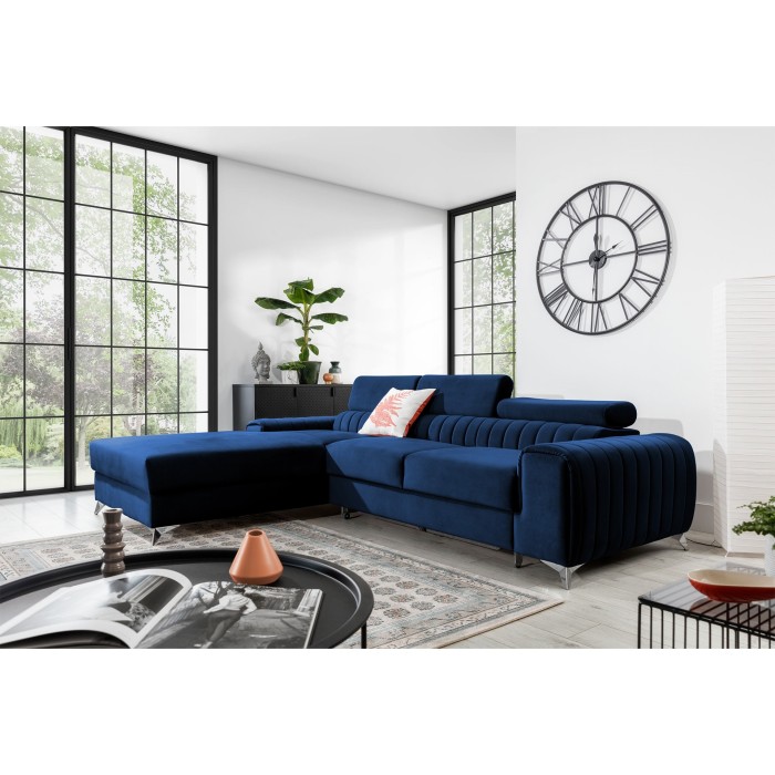 Canapé d’angle gauche Bleu foncé convertible 3 places JAYSON couchage d’appoint 