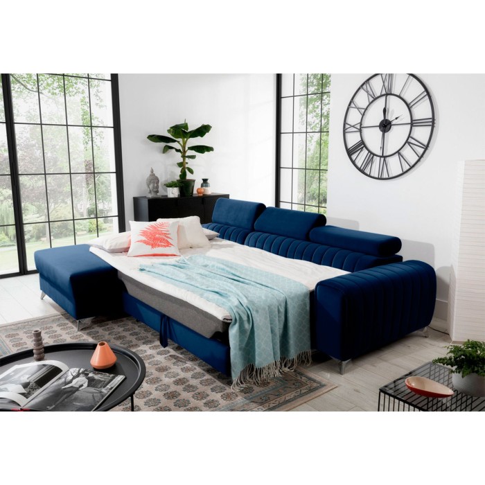 Canapé d’angle gauche Bleu foncé convertible 3 places JAYSON couchage d’appoint 