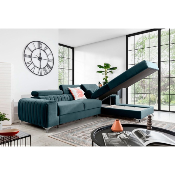 Canapé d’angle droit Bleu canard convertible 3 places JAYSON couchage spacieux 