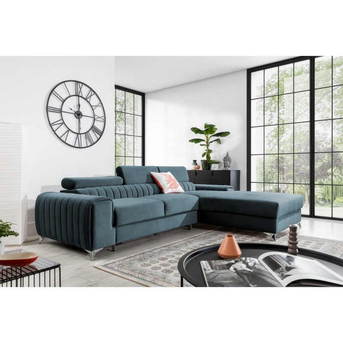 Canapé d’angle droit Bleu canard convertible 3 places JAYSON couchage spacieux 