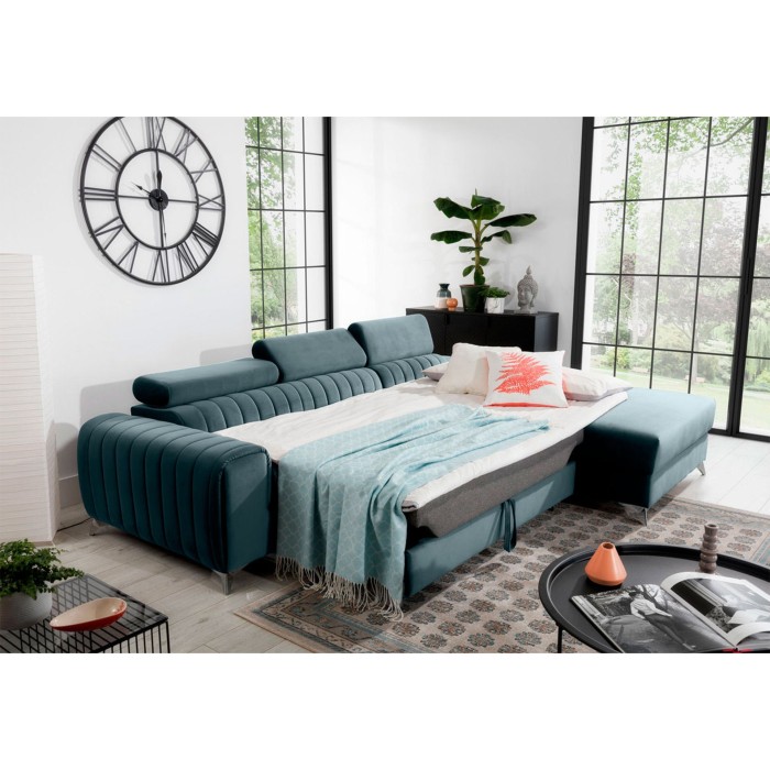 Canapé d’angle droit Bleu canard convertible 3 places JAYSON couchage spacieux 