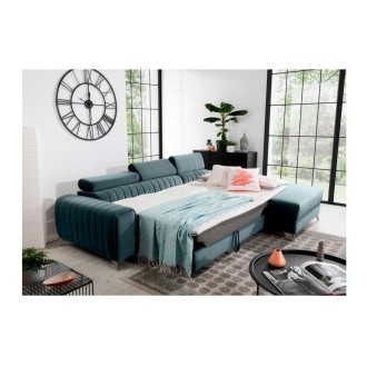 Canapé d’angle droit Bleu canard convertible 3 places JAYSON couchage spacieux 