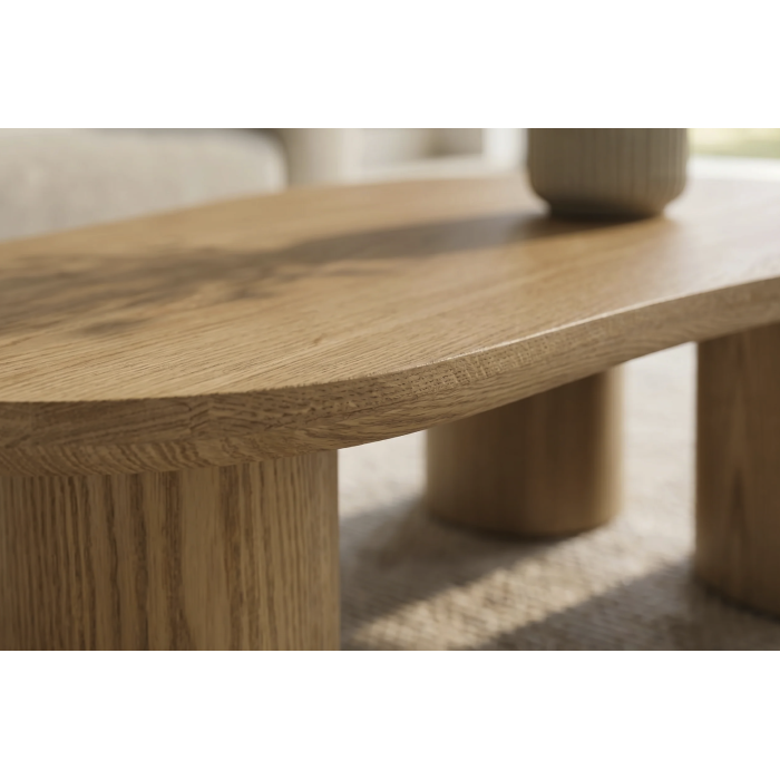 Zoom sur la tranche du plateau de la table basse PTERAX effet bois