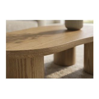 Zoom sur la tranche du plateau de la table basse PTERAX effet bois