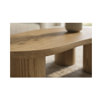 Zoom sur la tranche du plateau de la table basse PTERAX effet bois