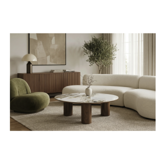 Table basse PTERAX effet bois foncé et marbre blanc mise en situation