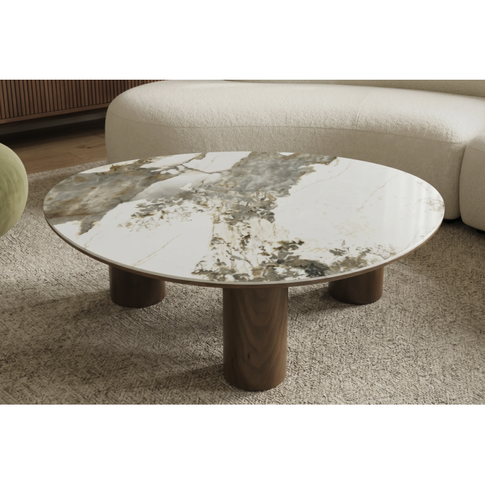Table basse PTERAX 110 cm en céramique effet marbre blanc et pieds aspect bois – Forme organique