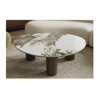 Table basse PTERAX effet bois foncé et marbre blanc vue de haut